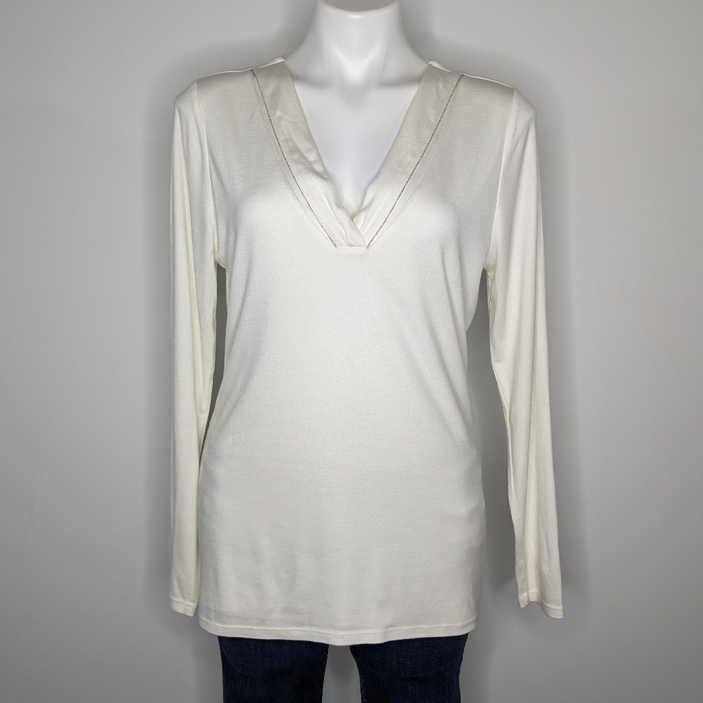 WHBM white double layered long sleeve v neck top M